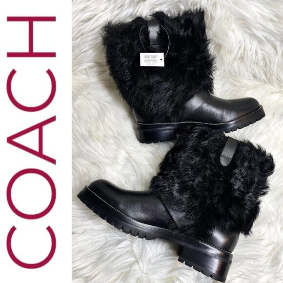 NWT COACH Leighton Shearling Lamb Fur Black Moto Boots, Size 6.5 (EU37) - Picture 4 of 13